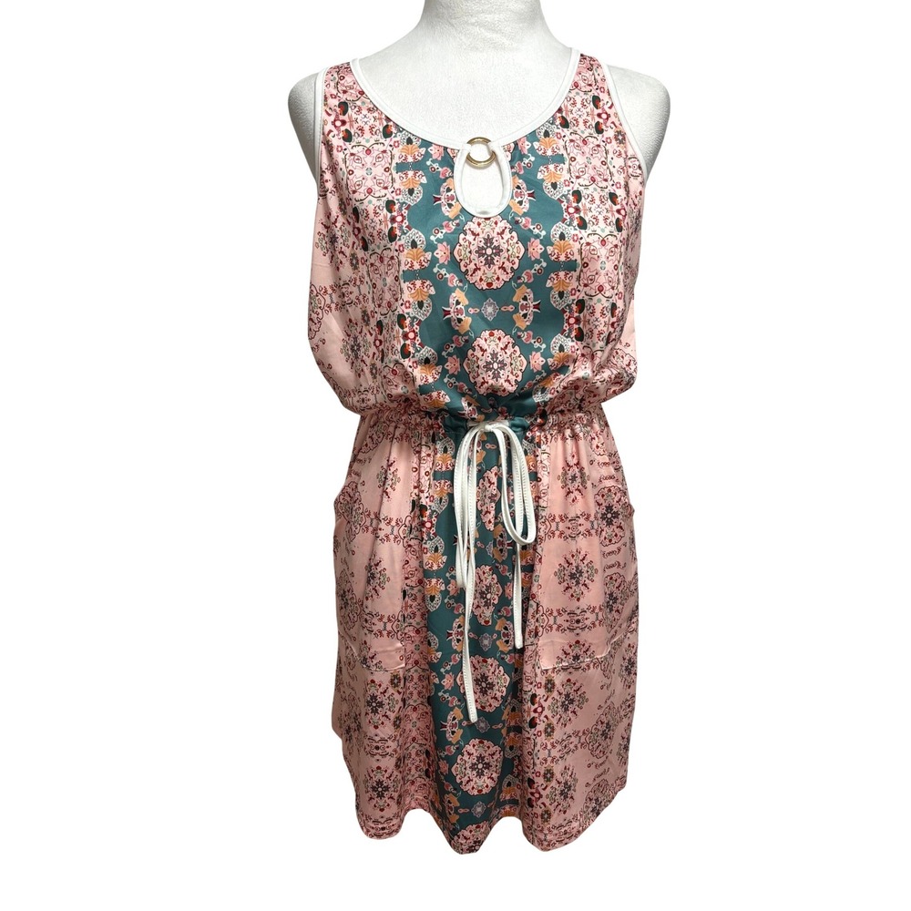 NWT AIMAGE Mini Dress Pink Floral Boho Keyhole Pockets Drawstring Waist Beach S